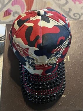 Robin's Jean Red Black Cream Camouflage Studded Baseball Cap